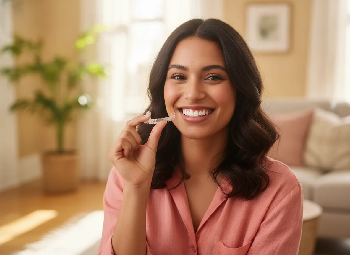 Woman holding a clear aligner beside her smile