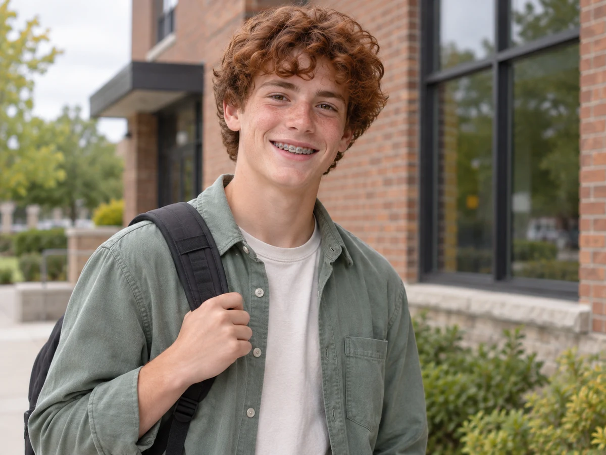 Teen with metal braces wearing a backpack outside a brick building