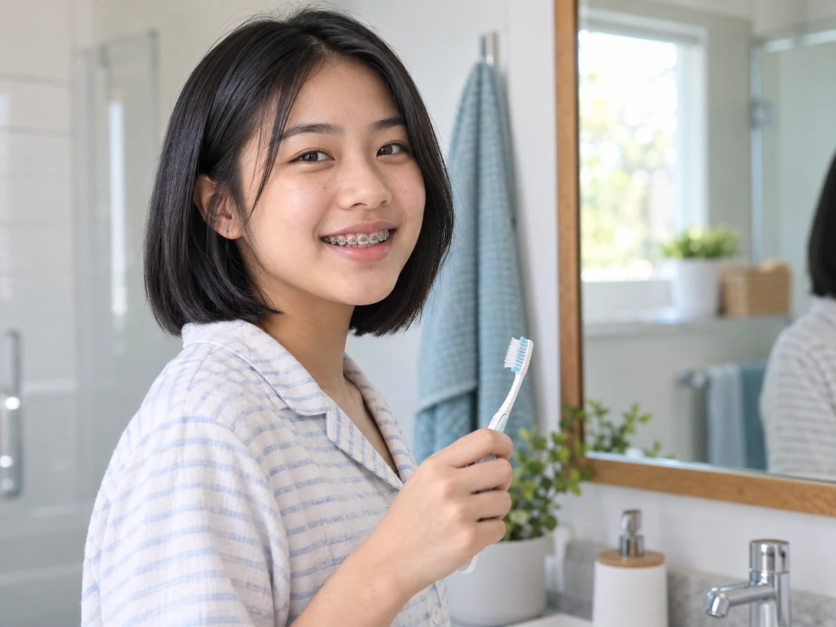 Teen with metal braces holding a toothbrush beside a bathroom mirror