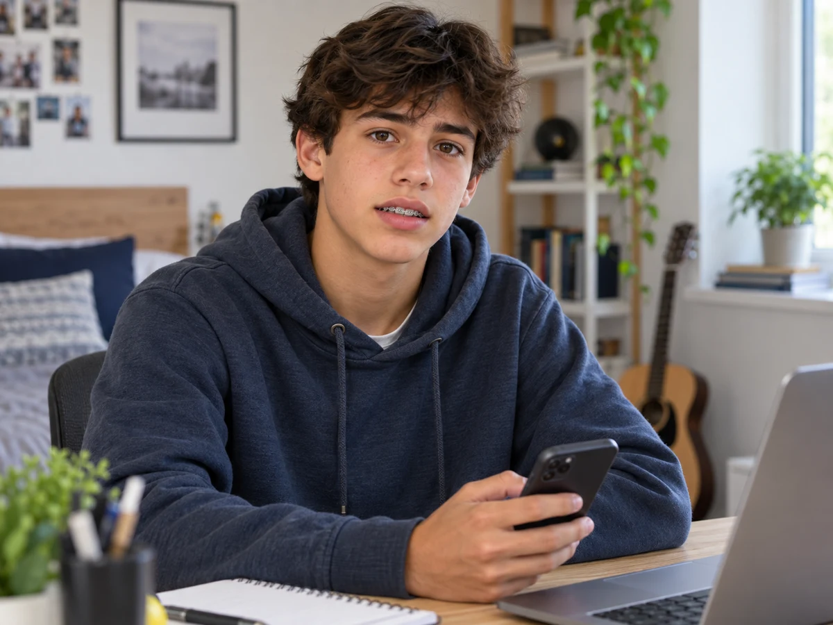 Teen with braces holding a phone while seated at a desk