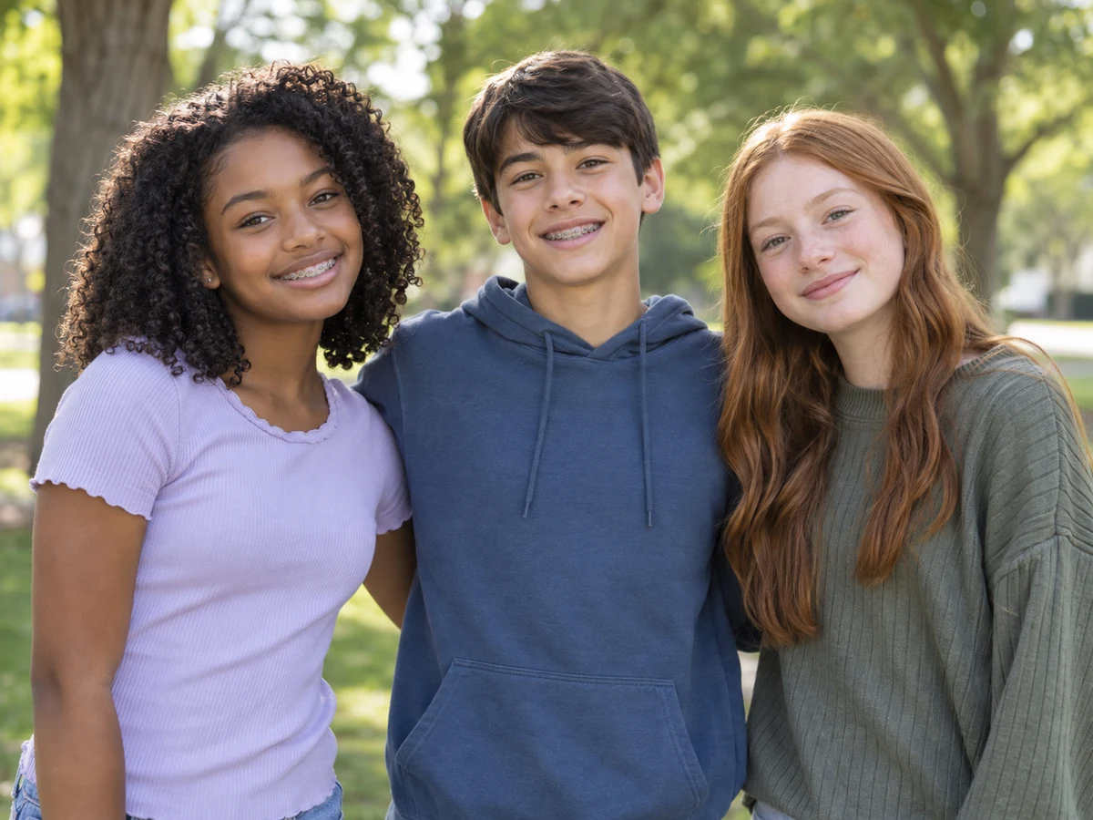 Three children standing together outdoors, two wearing metal braces