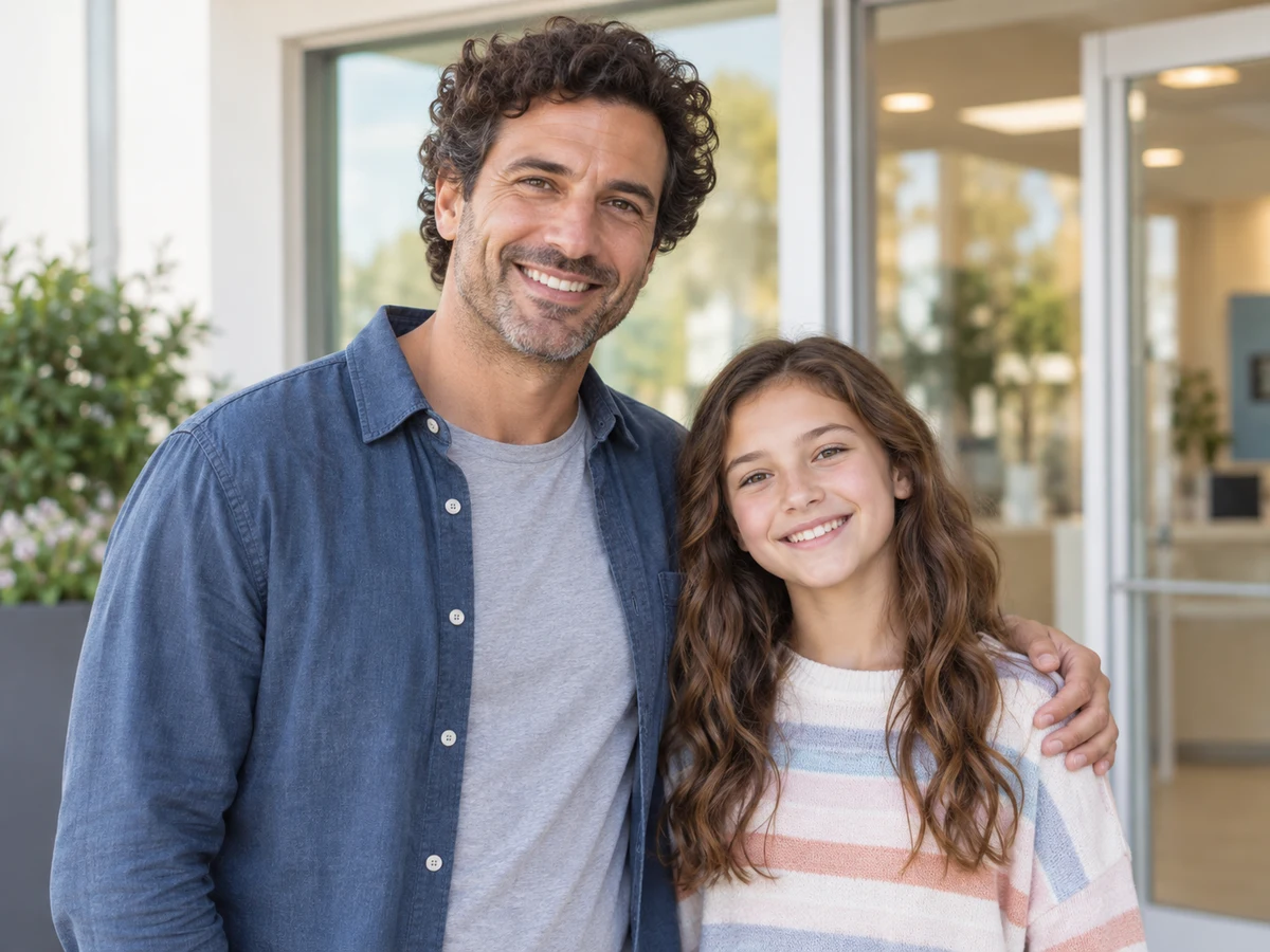 Father and daughter standing together at a welcoming entrance