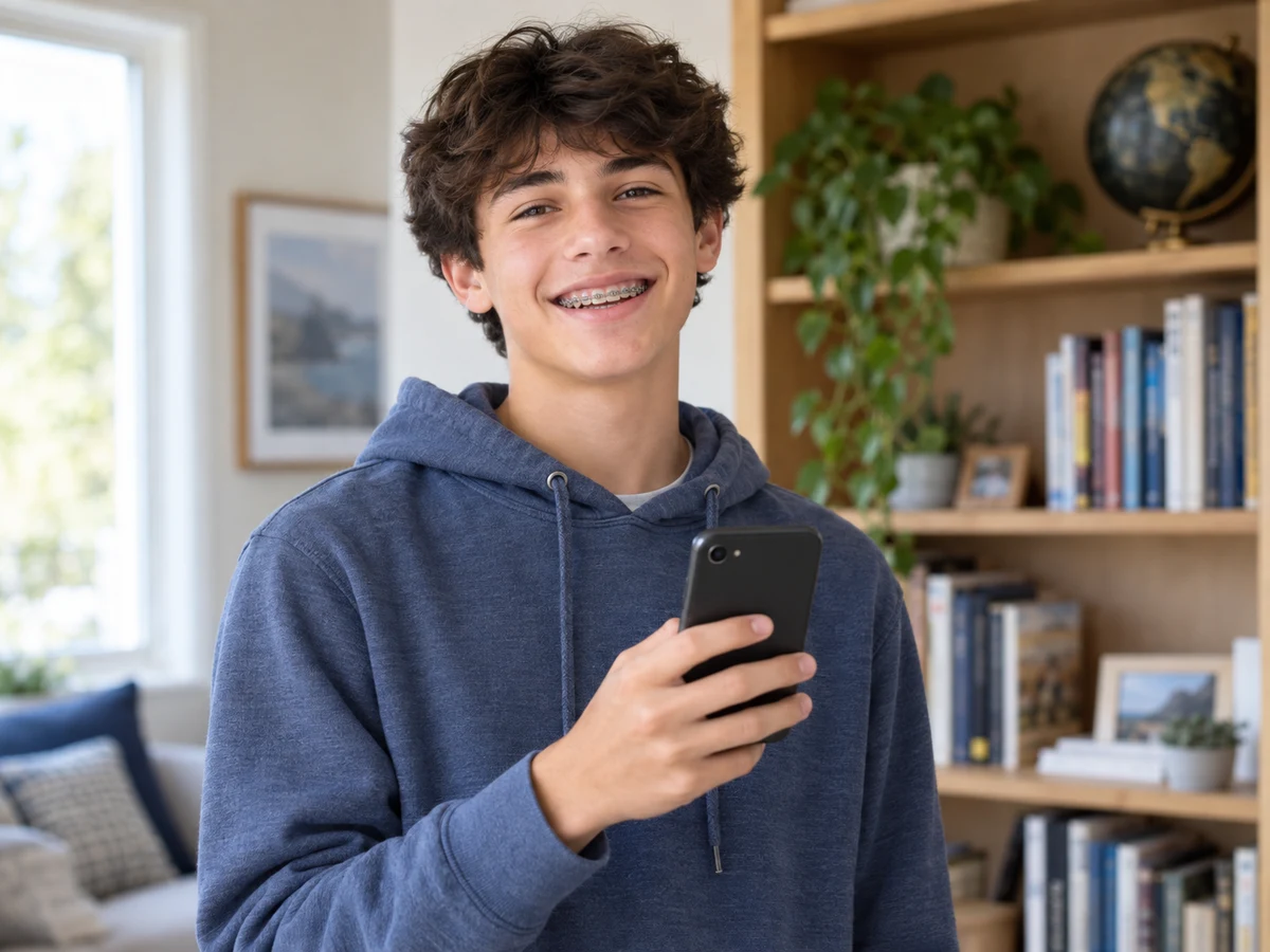 Teen wearing metal braces holding a smartphone with its screen facing him