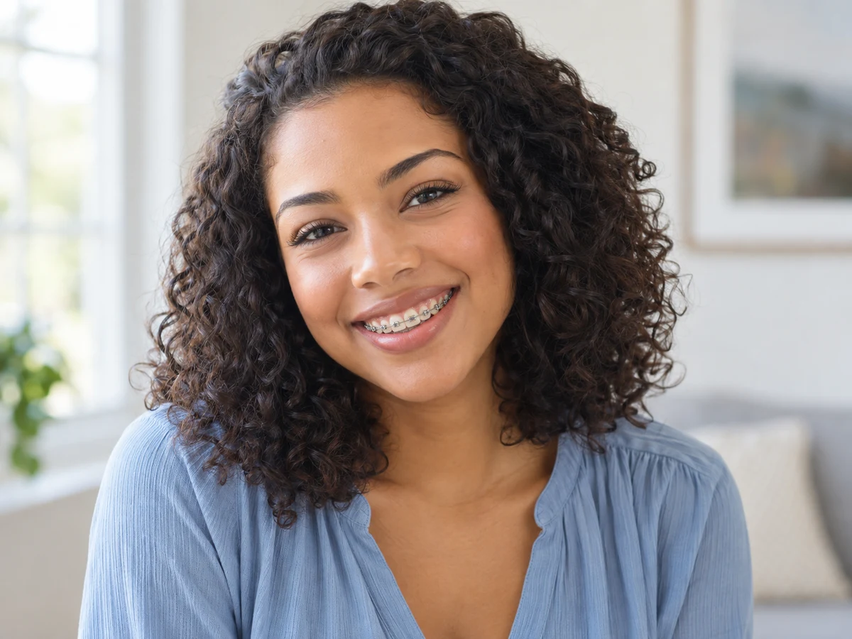 Young adult woman smiling with metal braces